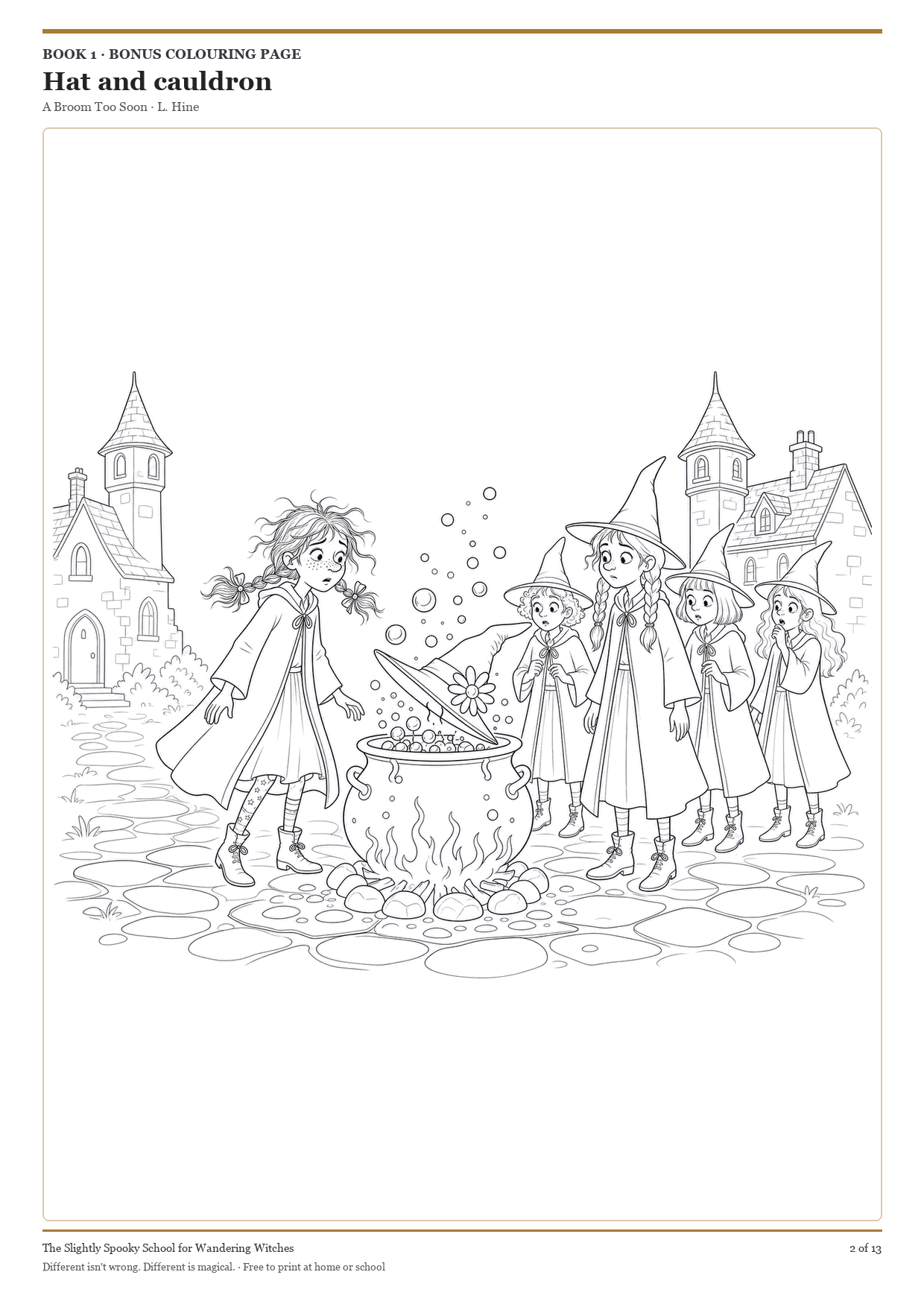 Hat and cauldron colouring page