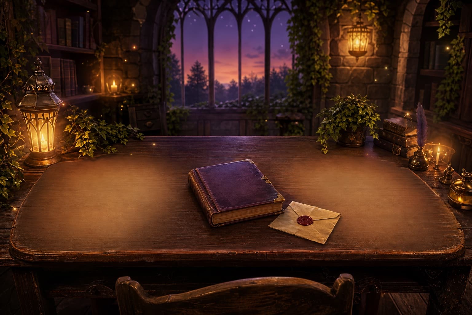 A lantern-lit family desk with a book and sealed invitation