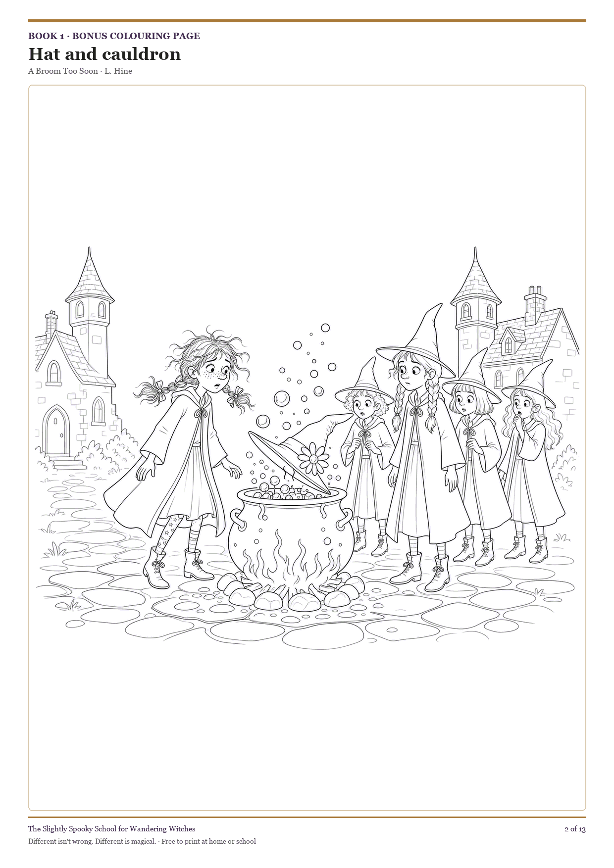 Hat and cauldron colouring page